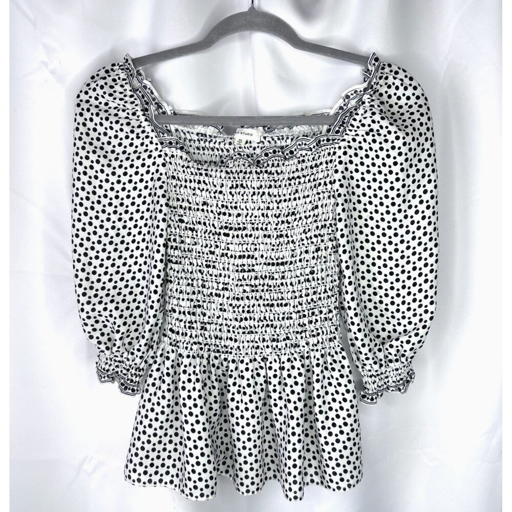 Max Studio Polka Dot Smocked Peplum Blouse 3/4 Puff Sleeve Top Size XS